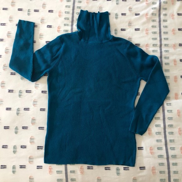 100% cotton blue-green ribbed turtleneck - Picture 1 of 7